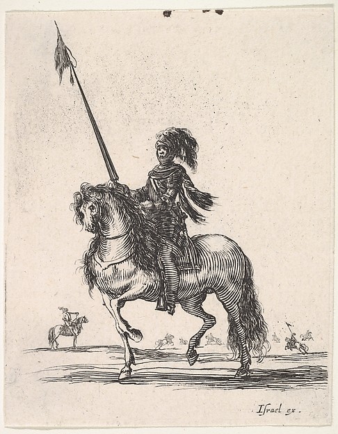 Stefano della Bella, Mounted cuirassier holding a lance upright and riding towards left, other horsemen in the background, from "Various cavalry exercises" (Diverses exercices de cavalerie)