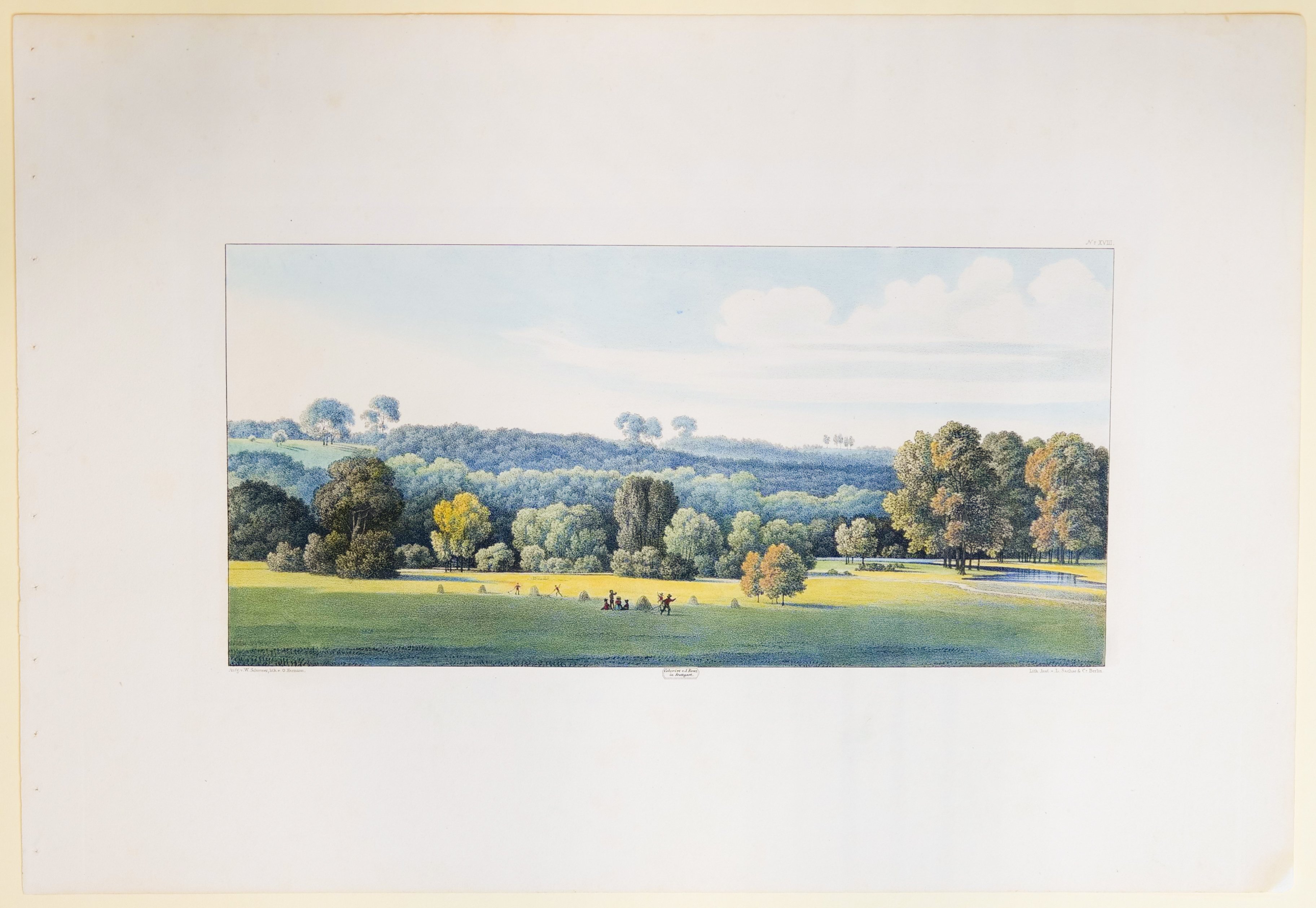 Hans Otto Hermann (Lithograf), Blick von der Gloriette auf einen weiten Wiesengrund, die Neisse und die Berge dahinter, Tafel XVIII der "Andeutungen über Landschaftsgärtnerei"