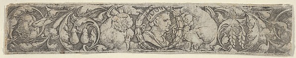 Heinrich Aldegrever, Frieze with Children Supporting the Bust of an Emperor Surrounded by Foliate Scrolls