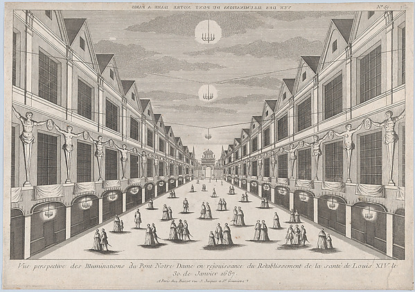 Anonymous, Perspective view of the Illuminations on the Pont Notre Dame, in celebration of the recovery of the health of Louis XIV, January 30, 1687