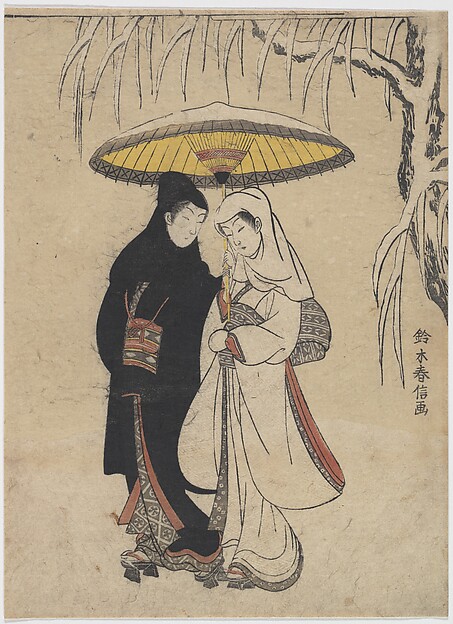 Suzuki Harunobu, Young Lovers Walking Together under an Umbrella in a Snow Storm (Crow and Heron)
