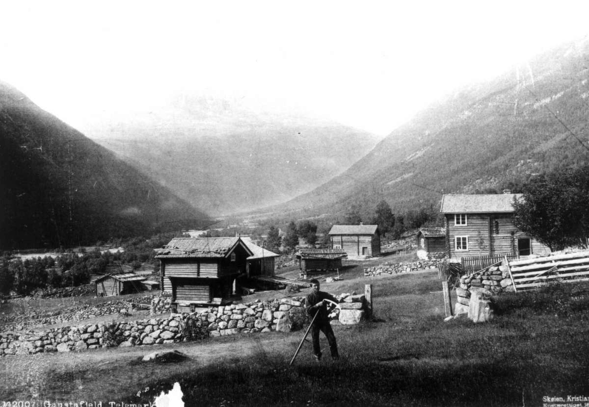 Marthinius Skøien, Tinn, Telemark med utsyn mot Gaustatoppen. Landskap med gårdsbebyggelse. Mann med ljå i forgrunnen.