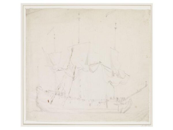 willem van de velde the younger, A three-masted ship becalmed; broadside view