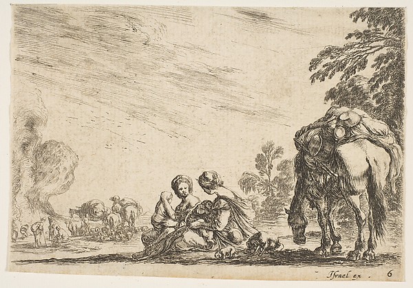 Stefano della Bella, Two women, one nursing a child, seated next to a dog and a horse carrying a pack, horses and figures to left in the background, plate 6 from "Various Figures" (Agréable diversité de figures)