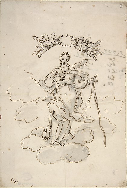Giovanni Antonio Pellegrini, Virgin Standing on Clouds Holding a Scapular in Her Left Hand