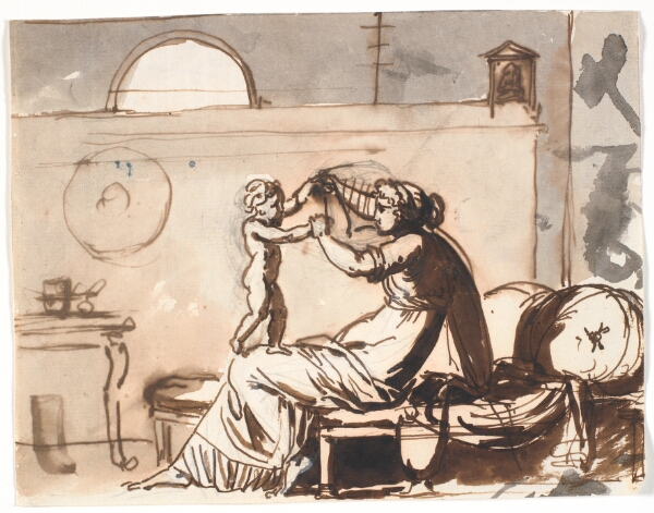 Nicolai Abildgaard, En moder leger med sit barn, der vipper på hendes knæ