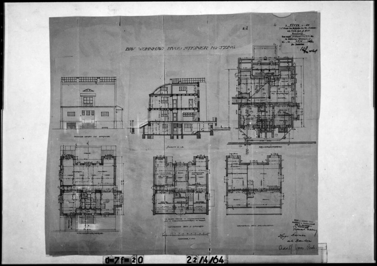 Anonym, Haus Hugo und Lilly Steiner, Wien XIII., Sankt-Veit-Gasse 10, Einreichplan, Ansicht, Schnitt, Grundrisse