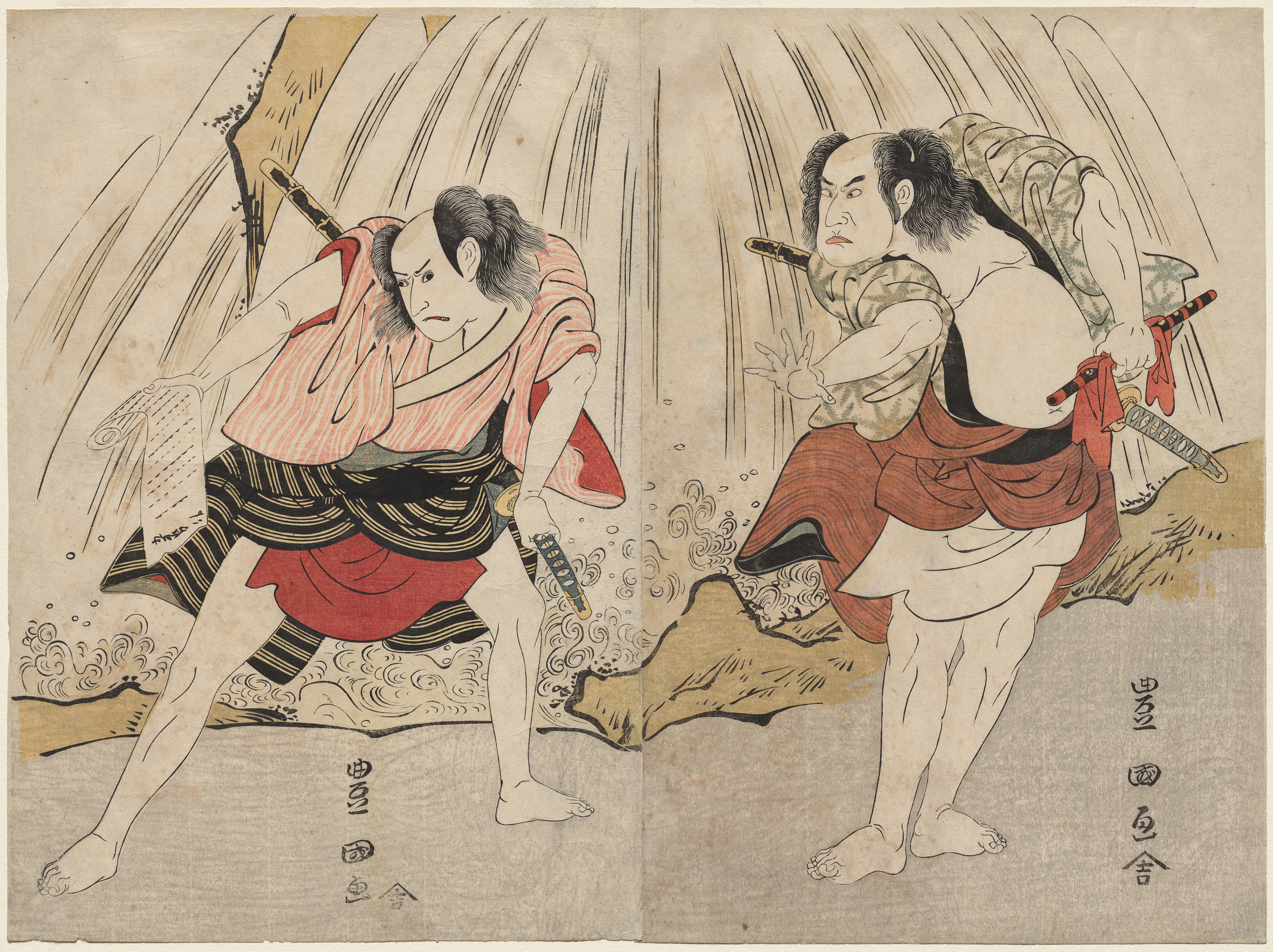 Utagawa Toyokuni, Kataoka Nizaemon VII and Ichikawa Yaozo III in a Confrontation Beside a Waterfall