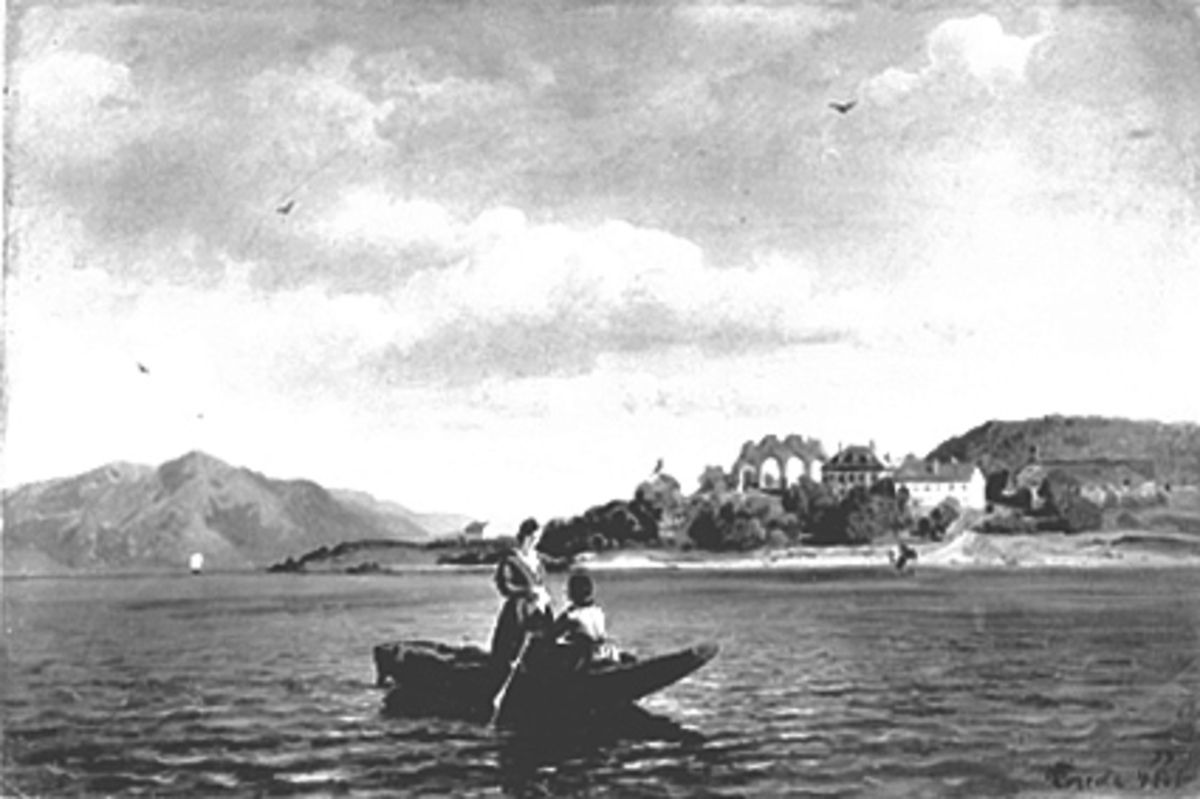Anno Domkirkeodden, MALERI AV HANS GUDE FRA 1859 : AGNES OG BETZY ANKER I BÅTEN, MJØSA, STORHAMAR GÅRD, DOMKIRKEODDEN