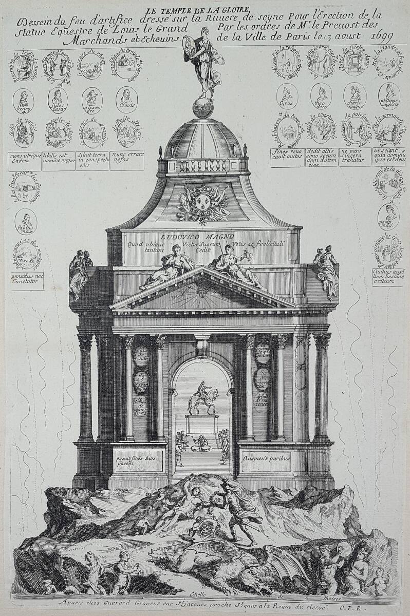 Anonym, Feuerwerksgerüst (Ruhmestempel mit dem Reiter-Monument König Ludwigs XIV.) in Paris auf der Seine am 13. August 1699
