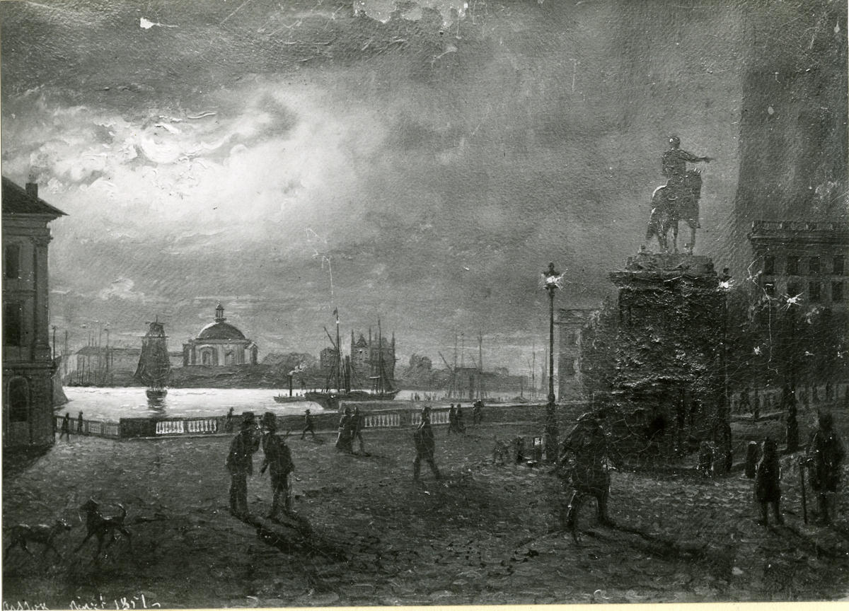 Okänd fotograf, Gustaf Adolfs torg i månsken. Oljemålning 1851. Storlek 20,5 x 29,5 cm.