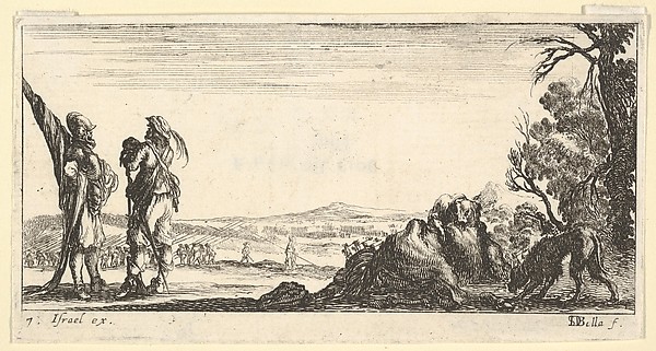 Stefano della Bella, Plate 7: two soldiers standing to left, a wolf devouring a dead horse to right with another wolf entering from right, from "Troops, cannons, and attacks on towns" (Dessins de quelques conduites de troupes, canons, et ataques de villes)