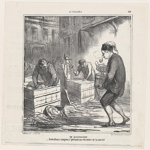 Honoré Daumier, In Germany: Let's pack up everything, caution is the mother of wit, from 'News of the day,' published in Le Charivari, May 28, 1866