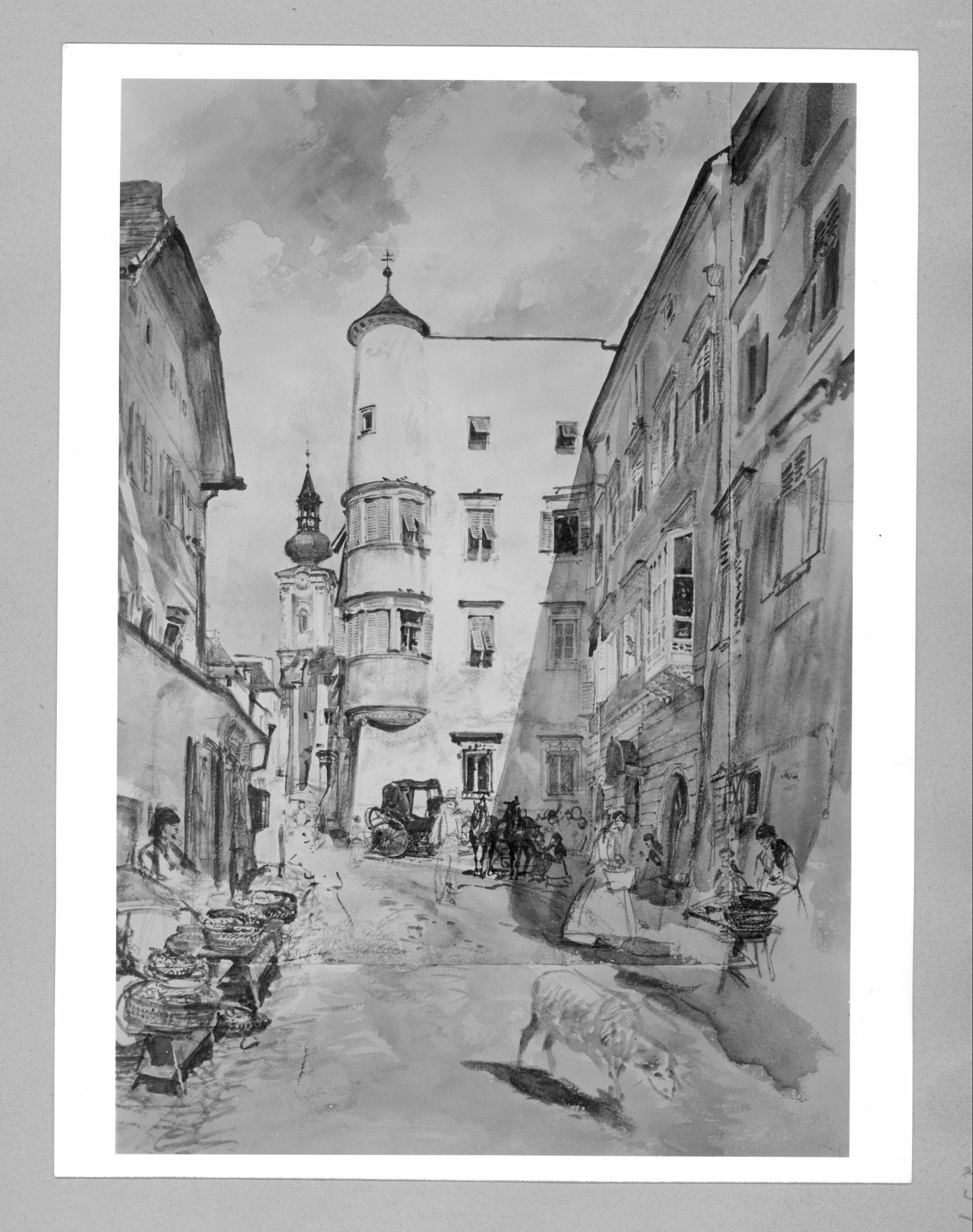 Rudolf von Alt, Straße mit Verkaufsständen und Staffage (Gmunden)
