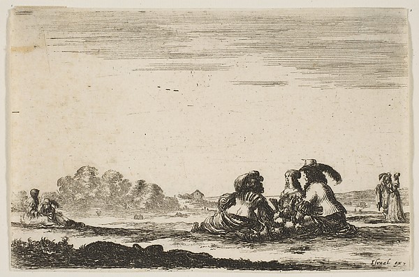 Stefano della Bella, Two noblemen seated in center, seen from behind, conversing with a noblewoman seated between them, a noblewoman and man seated to left in background and standing to right in background, plate 7 from "Various Figures" (Agréable diversité de figures)