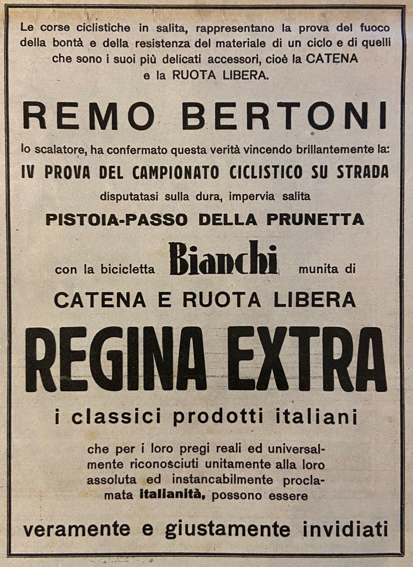 Unknown artist, Remo Bertoni vince la Pistoia-Passo della Brunetta con la bicicletta Bianchi