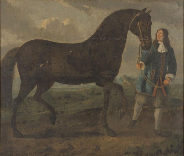 anonymous, Zwart paard door een stalknecht geleid