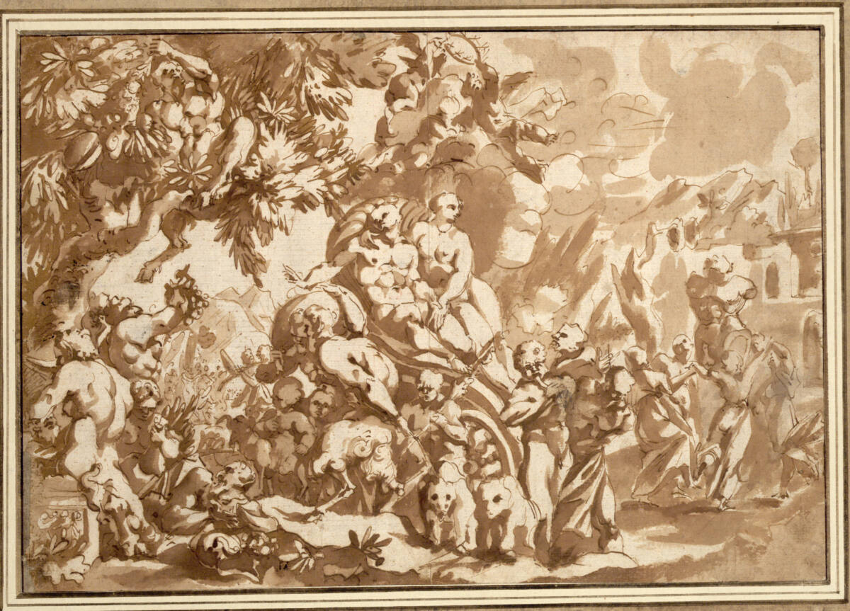 Anonym, Triumph des Bacchus und der Ariadne. (Bacchus und Ariadne im Wagen, umschwärmt von Satyrn; darüber halten Putten eine Krone; links oben pflücken Satyrn Früchte von einem Baum; rechts tanzen Bacchantinnen)