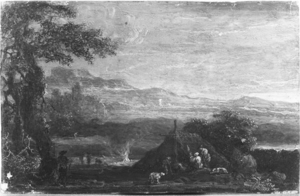 Jan de Momper, Landskap med figurer framför hydda
