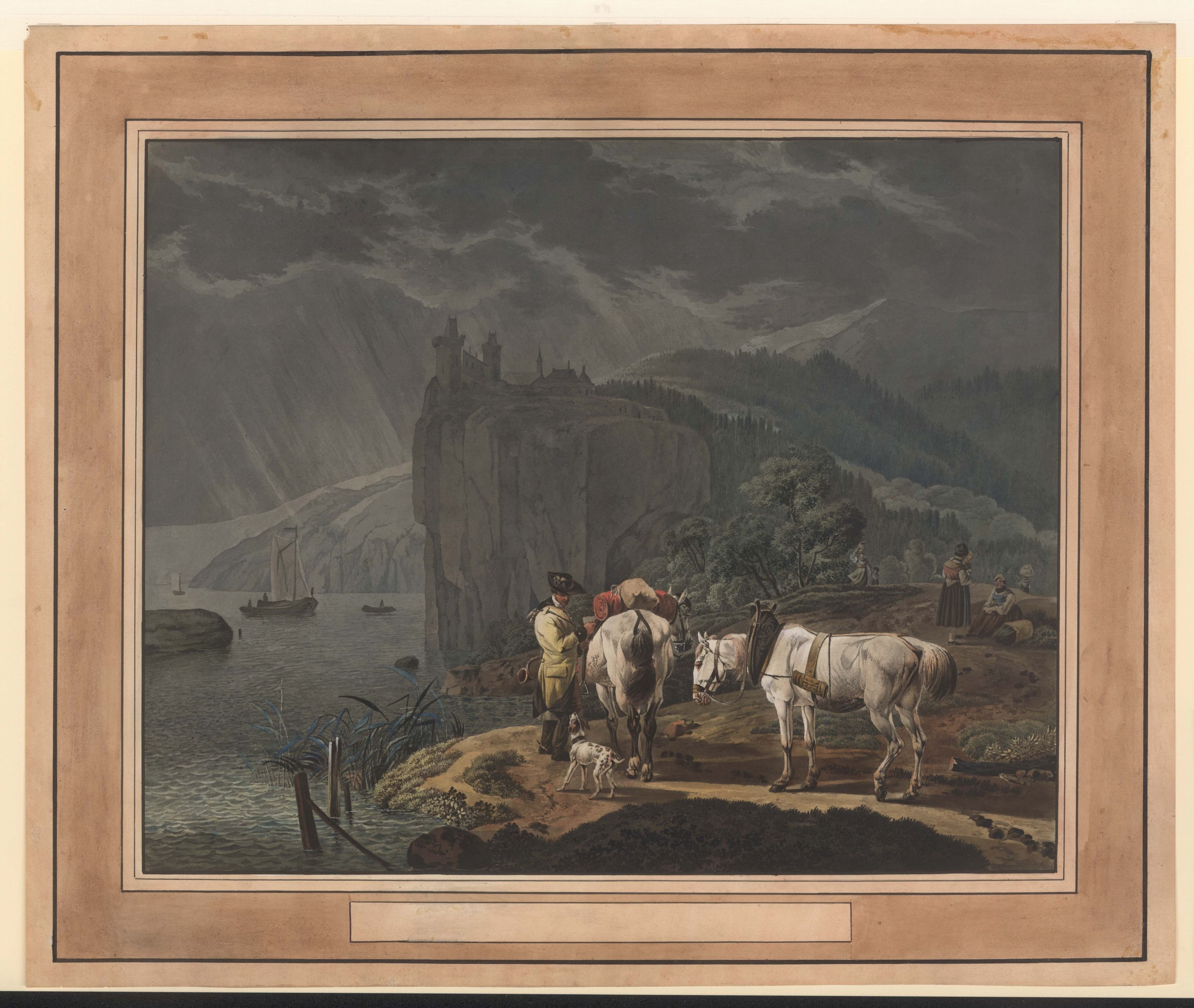 Wilhelm von Kobell, Rheinlandschaft im Gewitter mit Postreiter und zwei Schimmeln