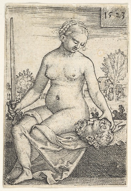 Barthel Beham, Judith, seated nude with a sword in her right hand, gazing down at the head of Holofernes in her left hand