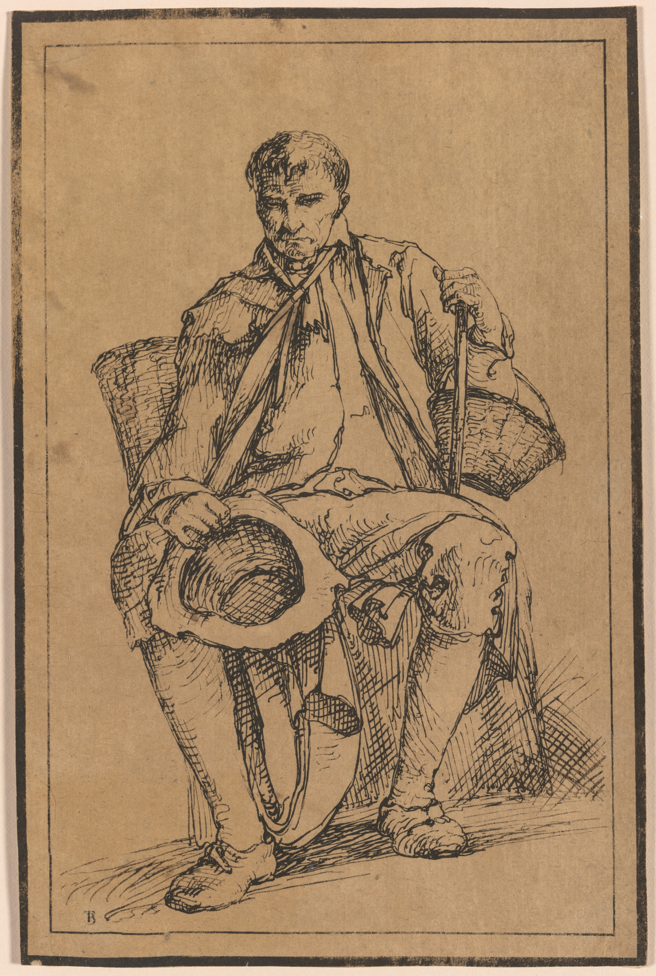 Thomas Barker, Forty Lithographic Impressions from Drawings of Landscape Scenery by Thomas Barker, Selected from His Studies of Rustic Figures after Nature: Seated Man with Baskets Holding Hat and Walking Stick