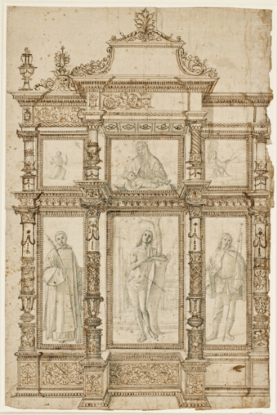 Vittore Carpaccio, Studie til en altertavle med seks billeder i en ornamenteret ramme. F.o.: Sankt Frans' stigmatisering, Jomfru Maria med Jesusbarnet og Johanns Døberen i ørkenen. F.n.: Helgenerne Laurentius, Sebastian og Rochus