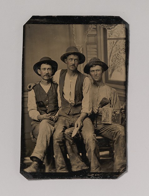 Unknown, [Three Painters, with Brushes and a Can of Paint, in Front of a Painted Window Backdrop]