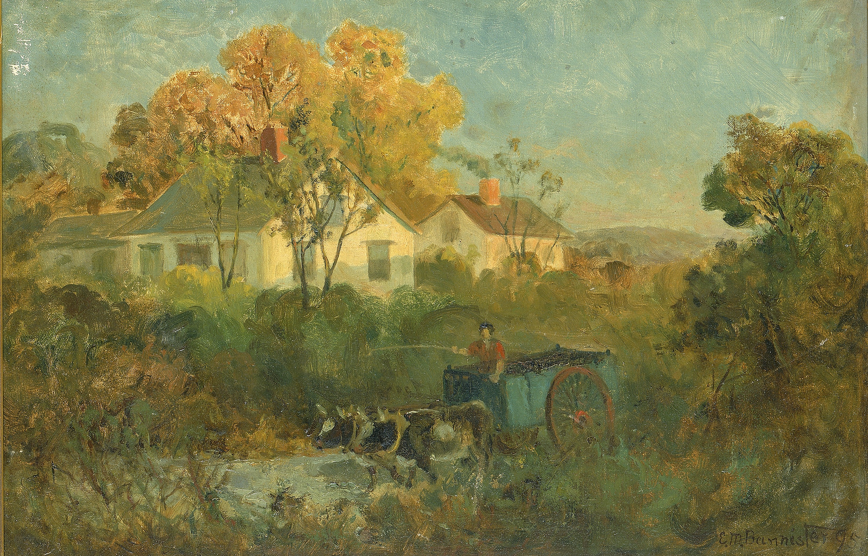 Edward Mitchell Bannister, The Drinking Pool (man in cart with oxen at pool)