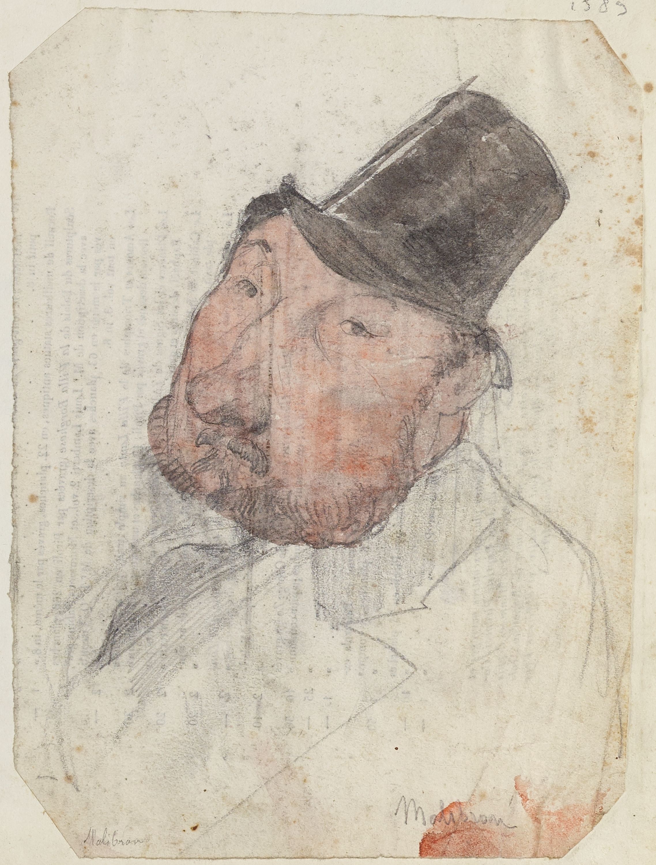 Anonyme, Portrait-charge d'un homme barbu au haut-de-forme (Malibron)