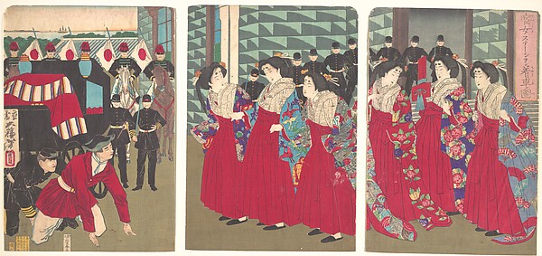 Tsukioka Yoshitoshi, Illustration of Ladies-in-waiting boarding at a station (Kanjo sutēshon chakusha zu)
