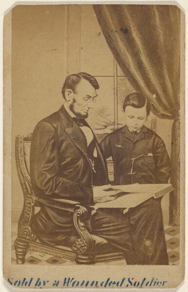 Unknown, Sold by a Wounded Soldier [Painting after a Mathew B. Brady photograph of Abraham Lincoln seated, reading a book to his son Tad]