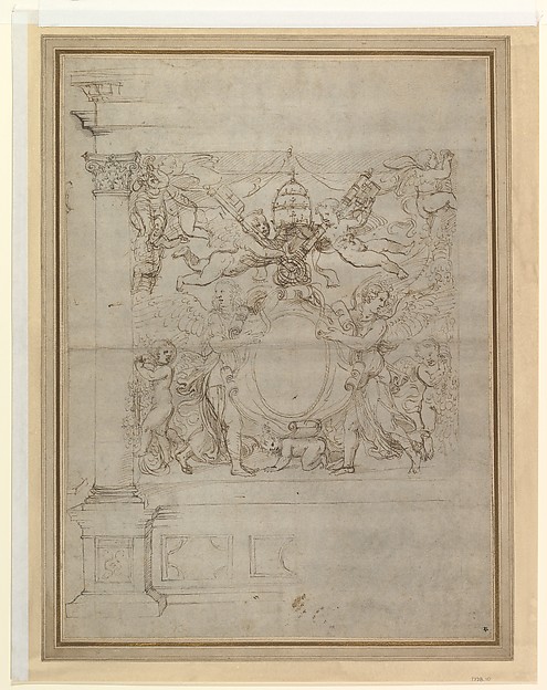 Giulio Romano, A Tabernacle Containing a Papal Escutcheon Supported by Angels