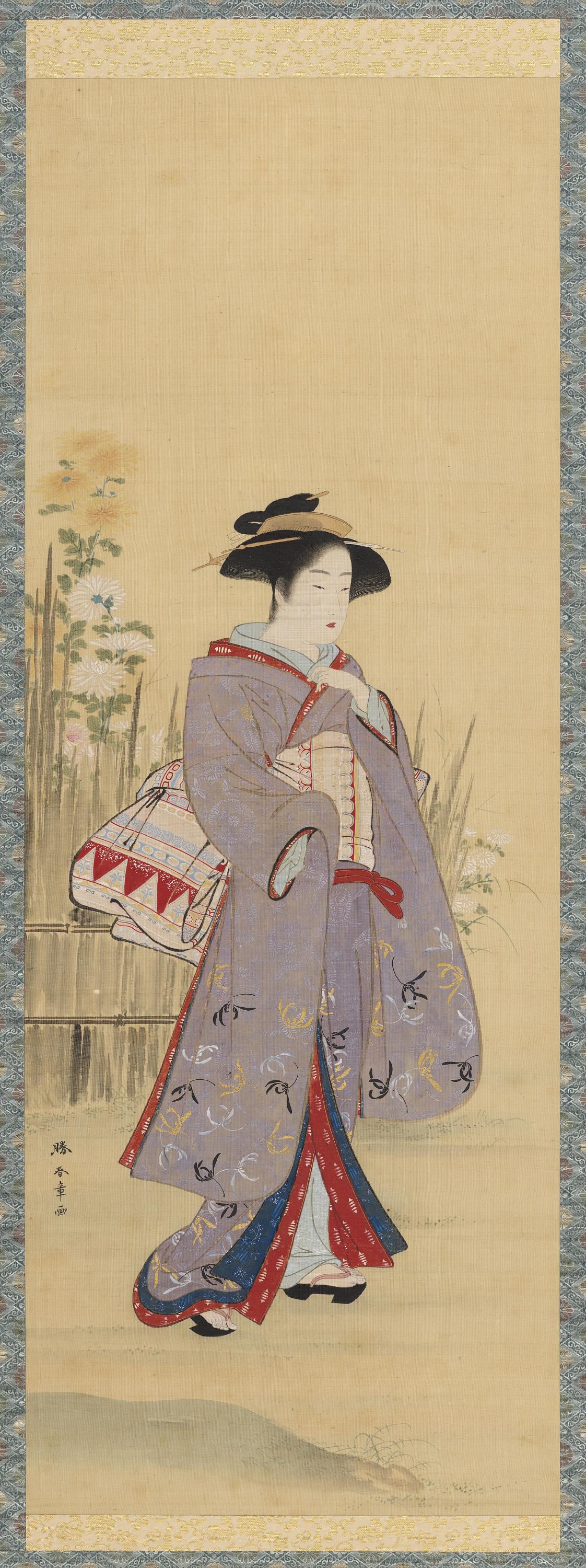 Katsukawa Shunsho, Woman near a fenced-off flowering garden