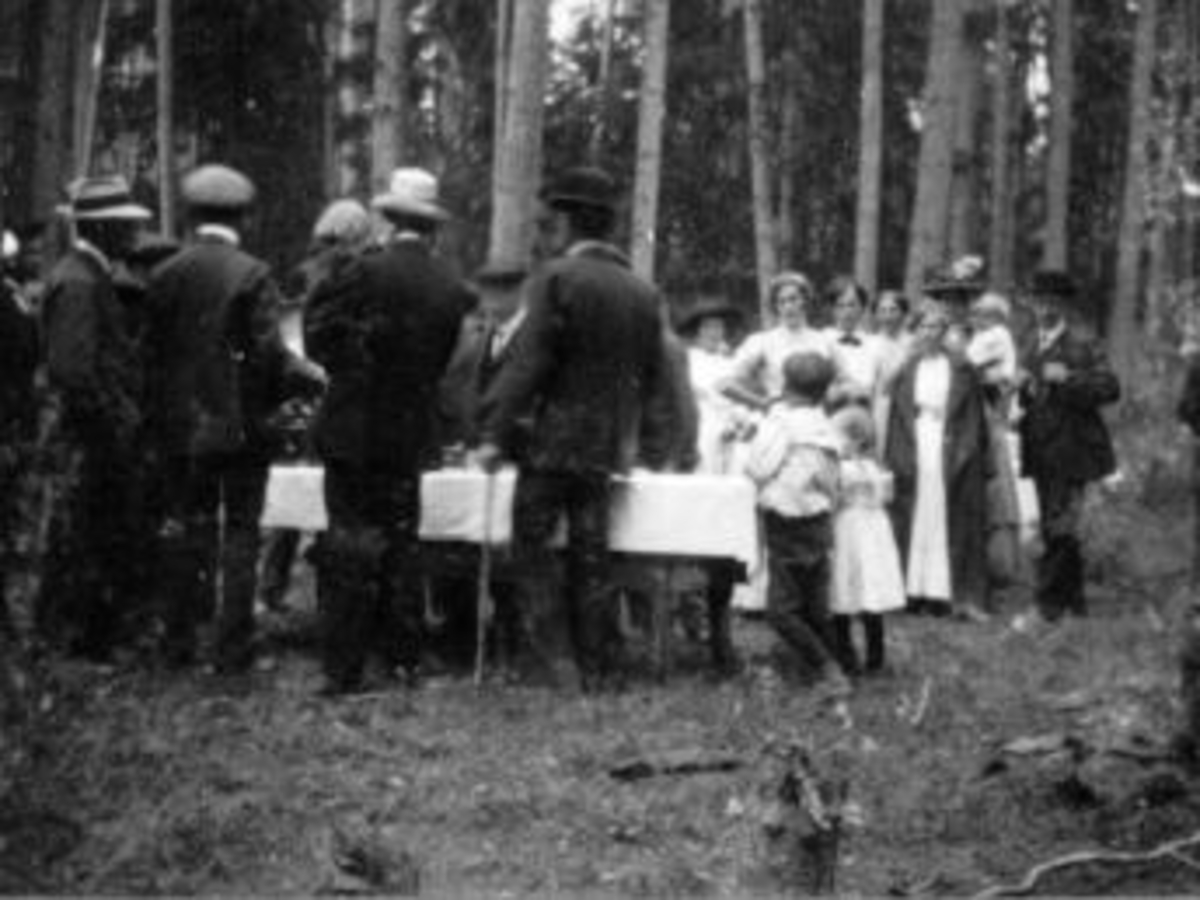 Anno Domkirkeodden, Servering i skogen. Voksne og barn. Trolig lærere fra Toftes Gave, Nedre Sund, Helgøya med familie.