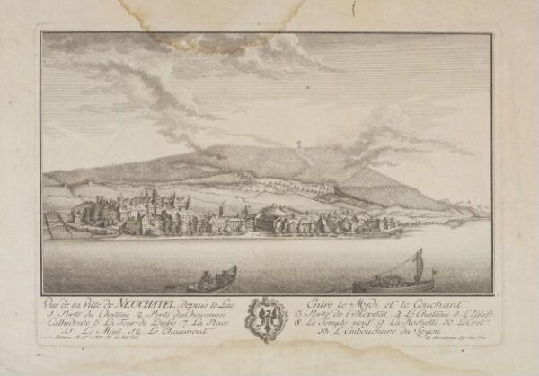 Unknown, Vuë de la Ville de Neuchatel, depuis le Lac Entre le Mydi et le Couchant