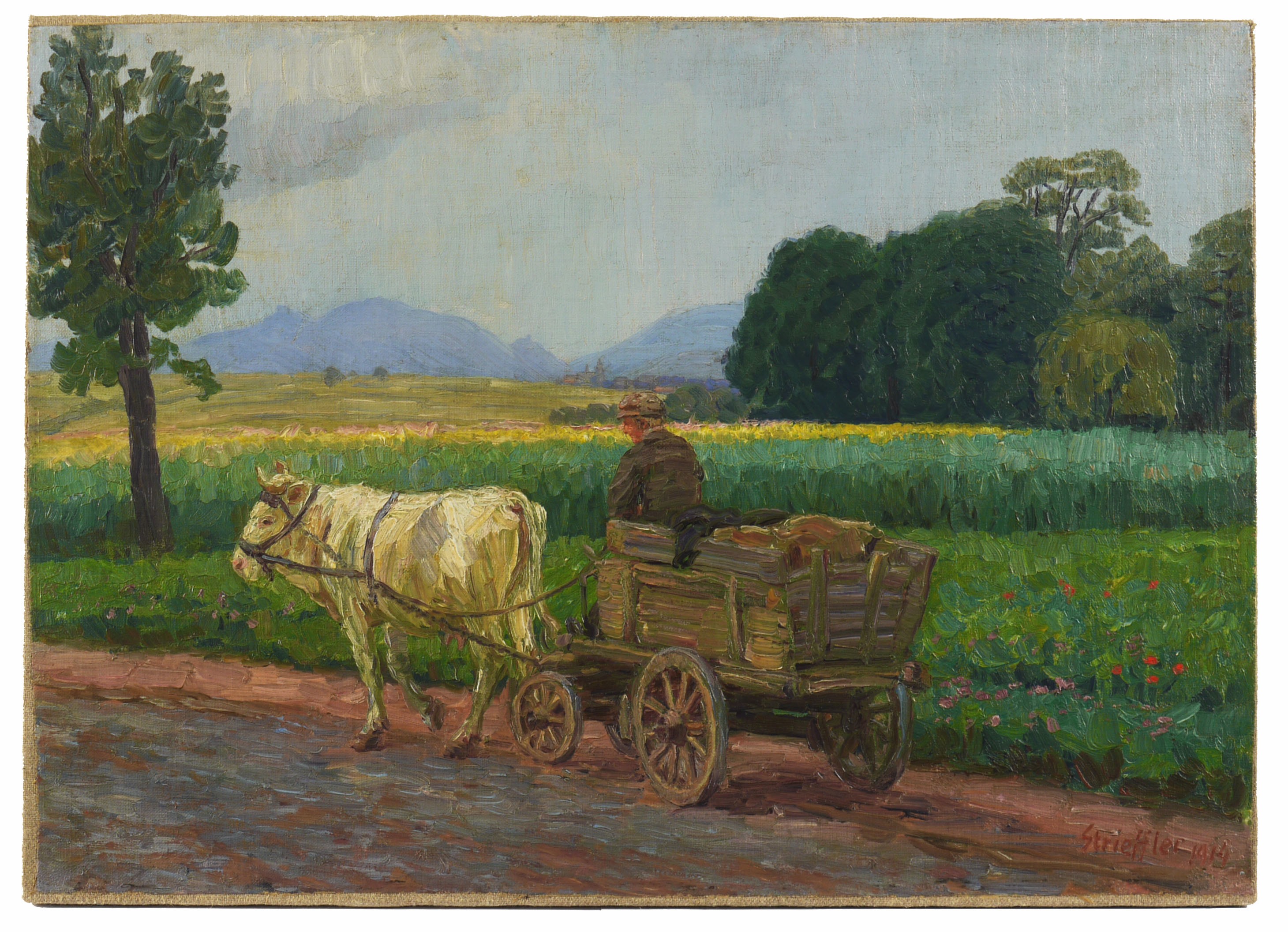 Heinrich Strieffler, Landschaft mit Bauer und Kuhkarren bei Burrweiler