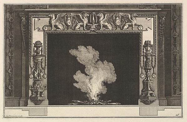 Giovanni Battista Piranesi, Chimneypiece: Affronted griffons on the lintel and candelabra on the jambs (Ch. accompagnée de son plan et décorée d'une frise de griffons), from Diverse Maniere d'adornare i cammini ed ogni altra parte degli edifizi...(Different Ways of ornamenting chimneypieces and all other parts of houses)
