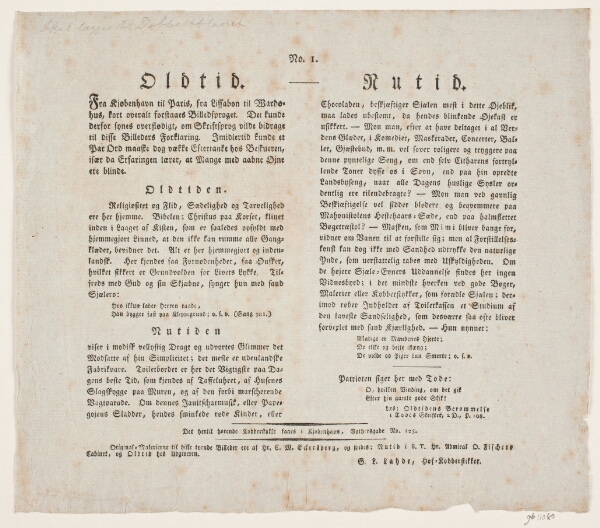 Gerhard Ludvig Lahde, Oldtid - Nutid. Tekstblad