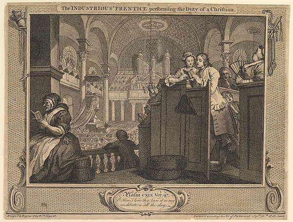 William Hogarth, The Industrious 'Prentice Performing the Duty of a Christian: Industry and Idleness, plate 2