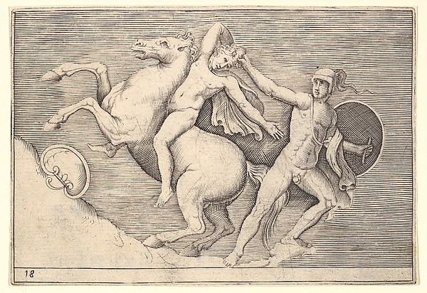 Anonymous, Italian, 16th century, Warrior Pulling a Rider from His Horse, from "Ex Antiquis Cameorum et Gemmae Delineata/ Liber Secundus/et ab Enea Vico Parmen Incis"