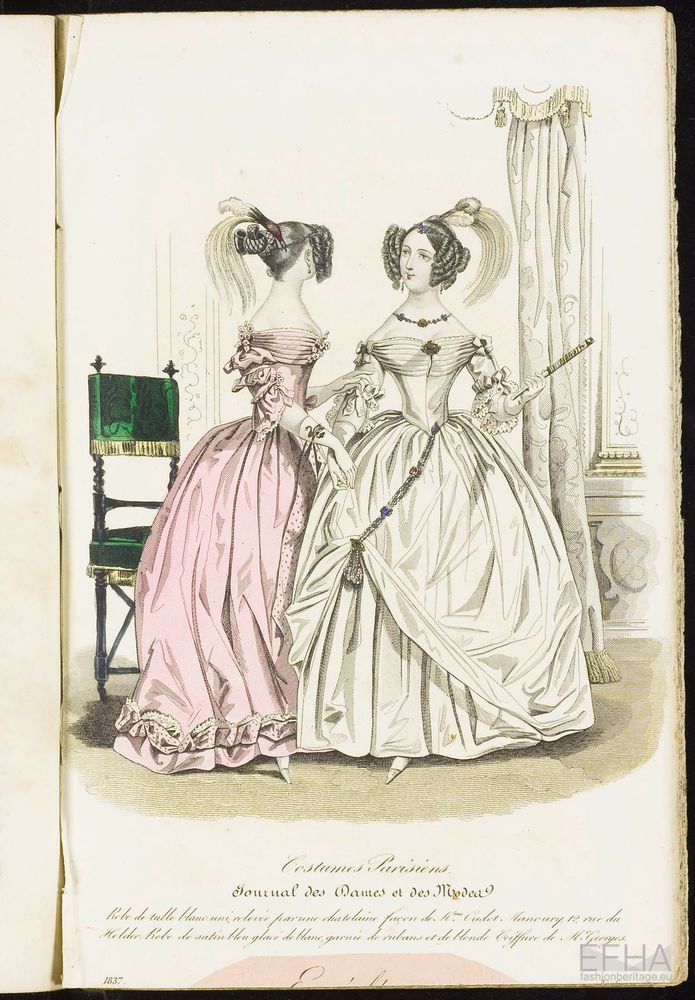 Unknown artist, Modeprent (in kleur) uit 'Esméralda : revue littéraire, artistique et fashionable (modes de Paris)' 1837-03-01