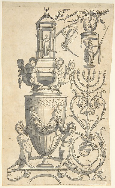 Anonymous, Italian, 16th century, Candelabra Grotesque with a Large Vase Flanked by Sphinxes