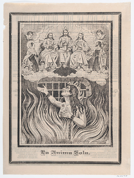 José Guadalupe Posada, Broadsheet with image of a chained woman in purgatory and the Holy Trinity above