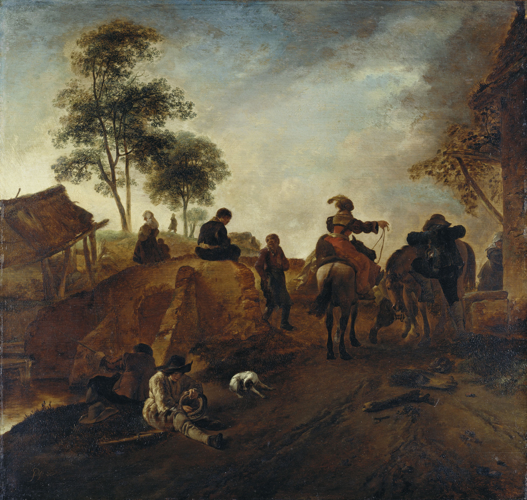Philips Wouwerman, A Country Road with a Stone Bridge and Travellers