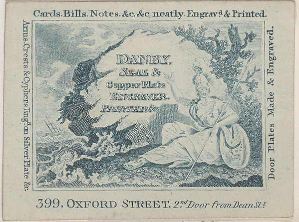 Anonymous, British, 19th century, Trade Card for Danby, Printer and Engraver