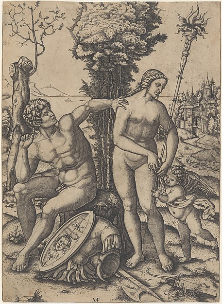 Marcantonio Raimondi, Mars seated at the left, his left hand on Venus's shoulder, cupid beside her at the right