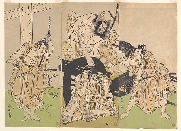 Katsukawa Shunshō　勝川春章, Kabuki Actors Ichikawa Yaozō II, Nakajima Mihoemon II, Ichikawa Ebizō III, and Ichimura Uzaemon IX in the Play Sugawara’s Secrets of Calligraphy (Sugawara denju tenarai kagami)