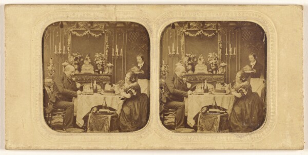 Unknown, [Elder man and woman at table eating, servant in background]