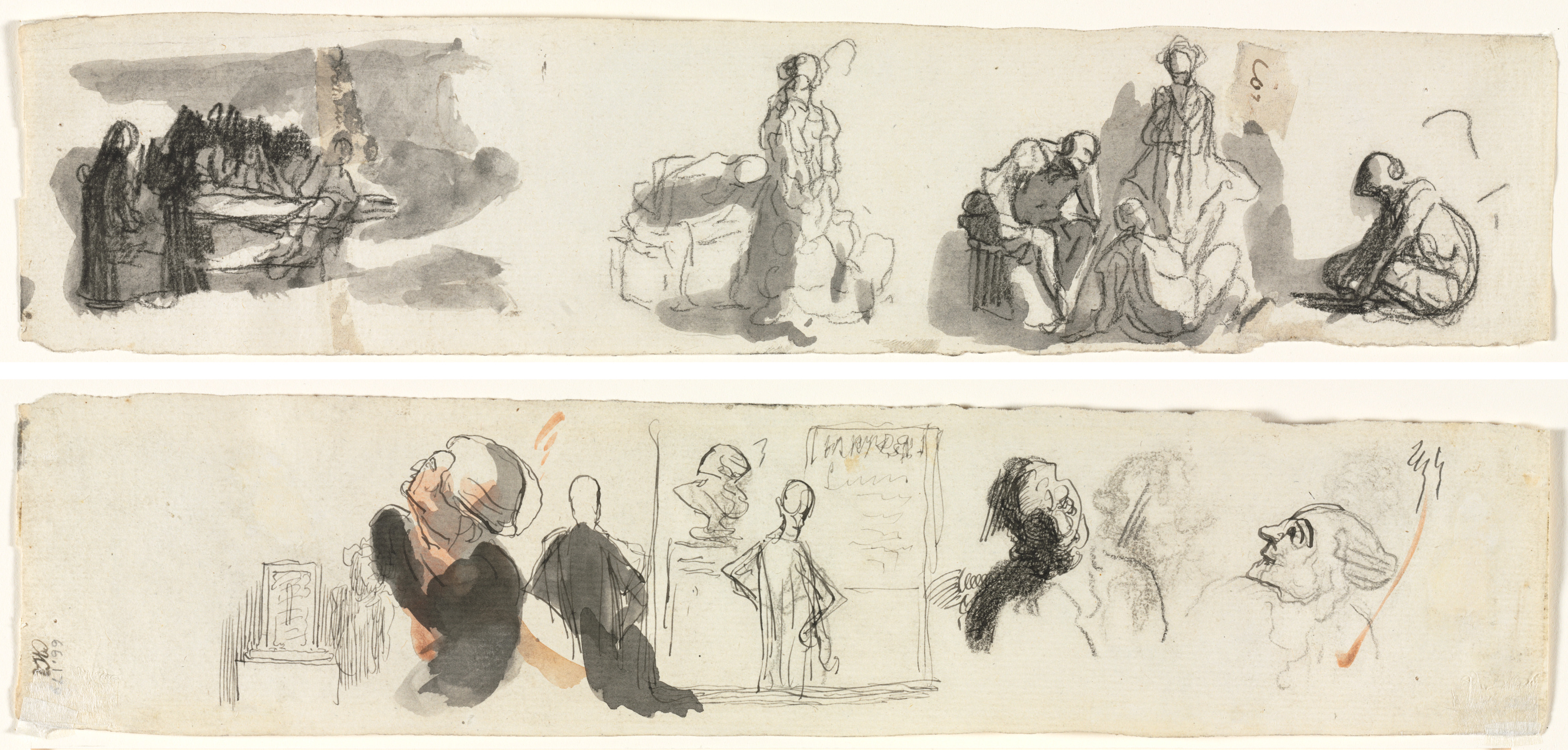 Honoré Daumier, Sheet of Studies with a Group of Four Figures to the Right (recto) Sketches of Various Figures (verso)